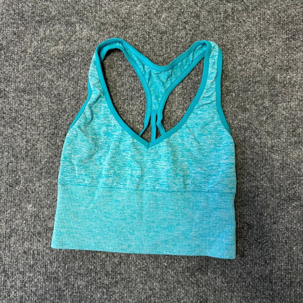 Pink Sports Bra Womens Size S Teal Marl Ribbed Longline Racerback Athletic Yoga